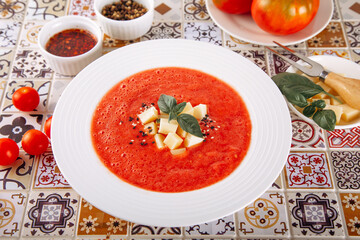 Gazpacho or gaspacho soup. Spanish cold tomato soup.