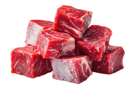 Raw marbled beef pieces forming a pyramid stack, deep red with fine fat striations and neat cuts, isolated on transparent background.
