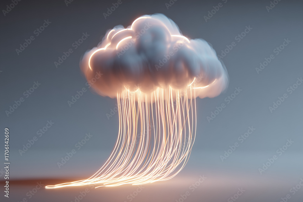 Poster 3d minimalist cloud symbol with glowing lines pouring out from the bottom emotional representation o