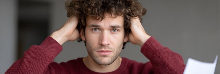 Frustrated Caucasian man clutching head, deep in thoughts about existential questioning, International Day of Logic, introspective autumn days