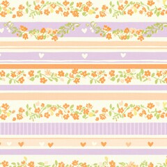 Delicate floral pattern with soft pastel stripes and tiny hearts creating a whimsical and charming seamless background design