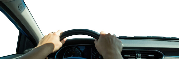 POV hands on steering wheel inside car cockpit isolated