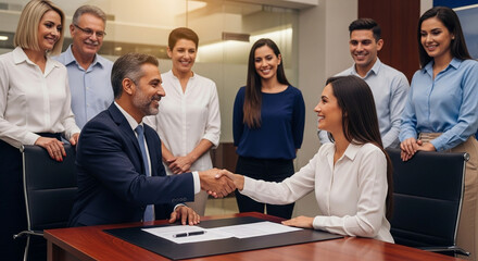Mature Latino bank worker man shaking hand with client, recruit female employee or business partner after signing a contract. Group of people satisfied with results of team work together. Vertical