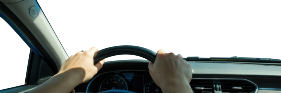 POV hands on steering wheel inside car cockpit isolated