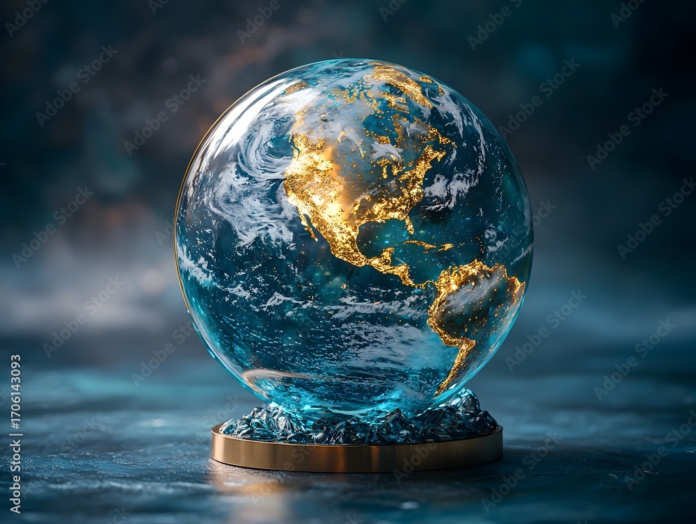 Poster a glowing illuminated model of earth with continents lit up sits on a decorative base against a dark