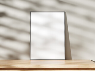 Elegant frame mockup on wooden table with window shadow and soft light.
