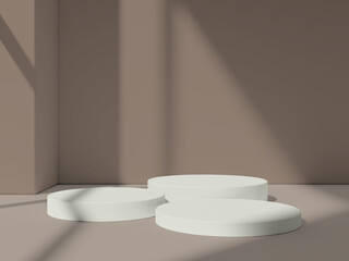 White podiums with soft shadows on a brown backdrop, ideal for highlighting products in clean settings.