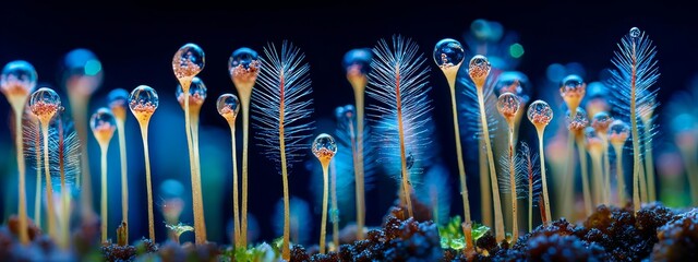 Macro view of underwater microbial mat forming glowing electric-blue mycelial network, soft light highlighting intricate textures and organic patterns