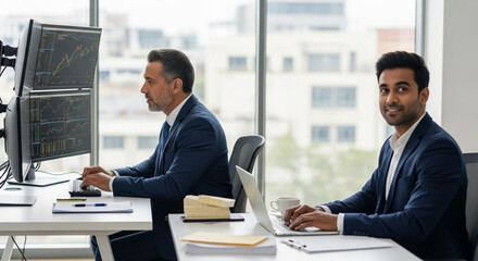 Middle age latin male entrepreneur businessman working on financial sale work at desk in office. Mature indian business man in suit using pc laptop for trading, looking smiling, dreaming at copy space