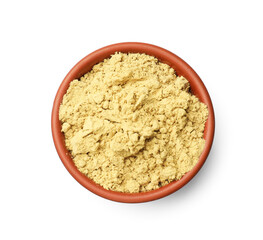 Dry powdered mustard in bowl isolated on white, top view