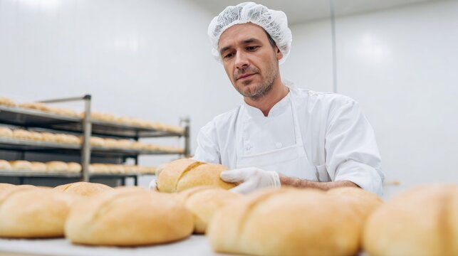 A Caucasian male baker scrutinizes golden loaves, celebrating World Bread Day and Lammas, in a tranquil bakery realm