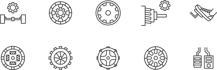 Gear and car break Thin line Icon Set . Auto, machine, industry, concept, metal, system  . Vector Illustration	
