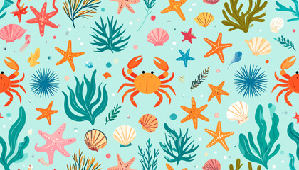 Vibrant seamless pattern of cute ocean life creatures. Underwater cartoon background with crab, starfish, seashell, and seaweed elements