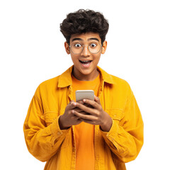 Excited Middle Eastern man with glasses texting on phone on white