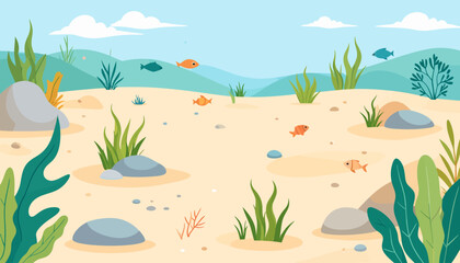 Lively and serene underwater ecosystem illustration with a sandy bottom, various green sea plants, smooth rocks, and playful small fish, depicting a peaceful ocean floor scene