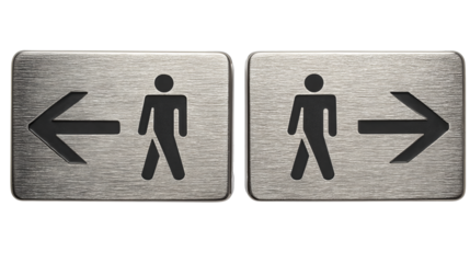Pair of restroom direction plaques in brushed metal finish, featuring clean pictograms and arrows, isolated on transparent background.
