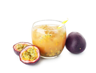 Tasty passion fruit drink and fresh fruits isolated on white