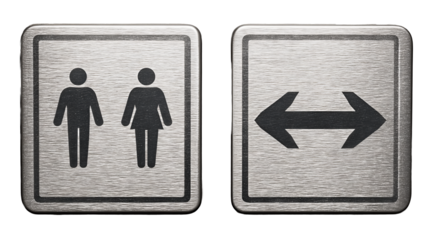 Two brushed aluminum restroom arrow signs with rounded corners and pictograms, pointing left and right, angled slightly apart, isolated on transparent background.
