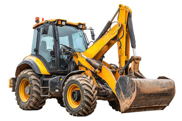 Yellow backhoe loader machine with curled arm, rugged muddy tires, reflective safety tape, and LED work lights, isolated on transparent background.
