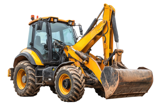 Yellow backhoe loader machine with curled arm, rugged muddy tires, reflective safety tape, and LED work lights, isolated on transparent background.
