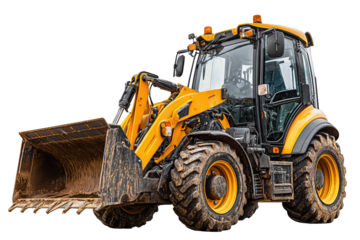 A construction-yellow backhoe loader with black cab trim, raised bucket, and mud-splattered tires, featuring LED lights and reflective tape, isolated on transparent background.
