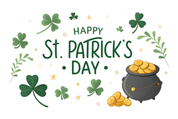 Happy St Patricks Day Greeting With Pot Of Gold And Shamrocks holiday PNG Transparent background