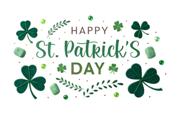 Happy St Patricks Day Greeting With Shamrocks And Green Accents clover PNG Transparent background