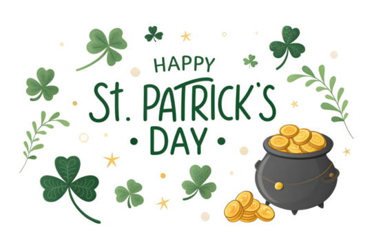 Happy St Patricks Day Greeting With Pot Of Gold And Shamrocks holiday PNG Transparent background - Powered by Adobe