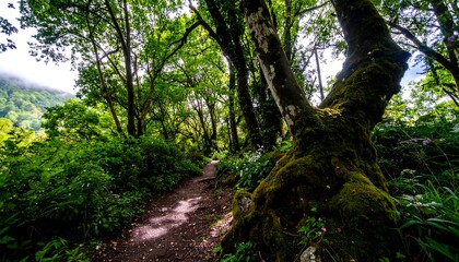 Fototapeta premium Lush green forest path, moss-covered trees, dappled sunlight