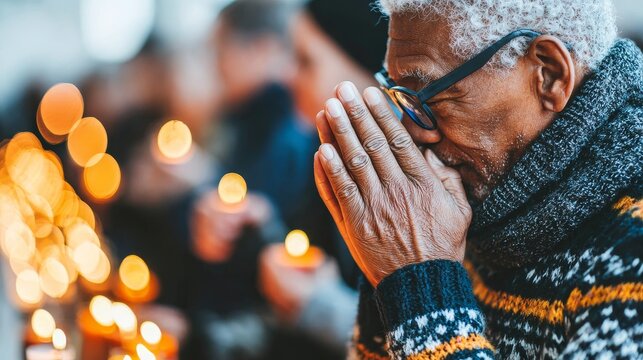 Elderly person lighting candle in church interior, soft warm light highlighting hands and face, reflective All Saints’ Day moment