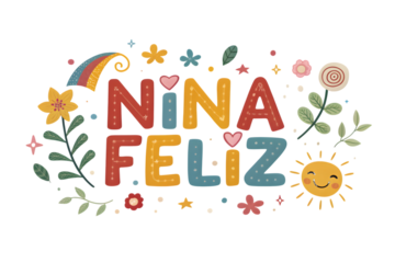 Nina Feliz Text Surrounded By Colorful Elements Keywords: nina feliz, PNG Transparent background