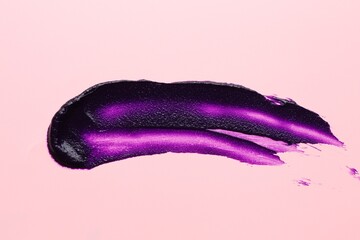 Sample of blonde hair care cosmetic product on pink background, top view