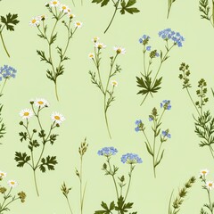 Delicate botanical illustration of scattered wildflowers with small white and blue blossoms on a soft pastel green background creating a charming seamless pattern