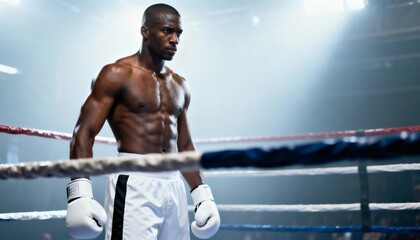 Muscular Black man in boxing ring with dramatic lighting