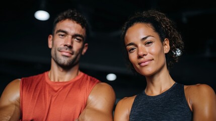 Obraz premium Two people, a male fitness enthusiast and a female athlete, are posing together, both with determined expressions, against a backdrop of sports equipment.