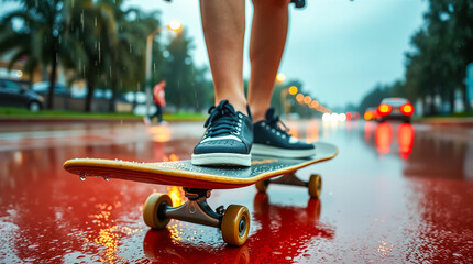 Young female skateboarder riding in the rain on a wet city street, with blurred car lights and reflections creating a dynamic urban lifestyle scene at a low angle.