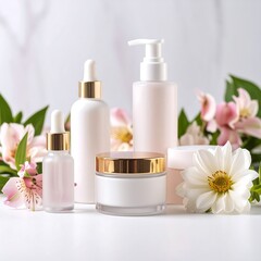 Elegant skincare products displayed with flowers