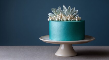 Turquoise cake adorned with pearlescent berries and sugar succulents, evoking coastal celebrations and succulent-inspired design aesthetics