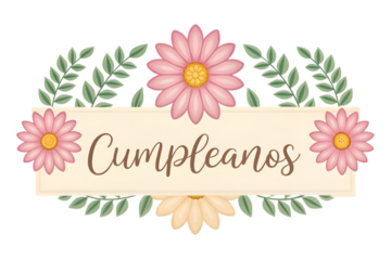 Spanish Birthday Greeting with Floral Border espanol cumpleanos PNG Transparent background