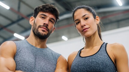 Fototapeta premium Two athletes posing together, both appearing fit and muscular.