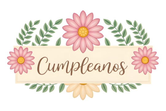 Spanish Birthday Greeting with Floral Border espanol cumpleanos PNG Transparent background - Powered by Adobe