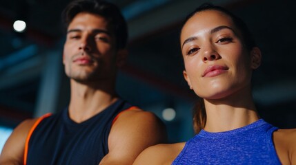 Obraz premium A fit couple posing in an indoor gym.