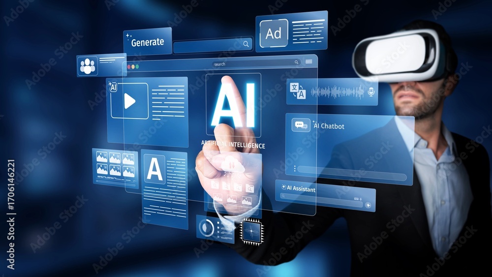 Poster a man engages with an advanced virtual reality experience, interacting with artificial intelligence 