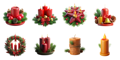 Red candles and festive decorations isolated on a transparent background pine