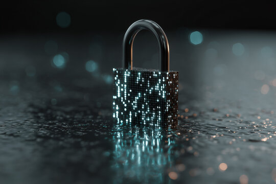 3D minimalist padlock constructed entirely from floating binary numbers concept of digital encryption in cyber systems