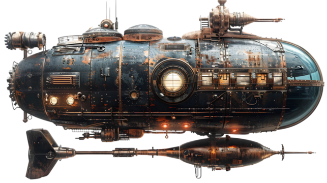 Rusty Steampunk Submarine with Ocean Depth.