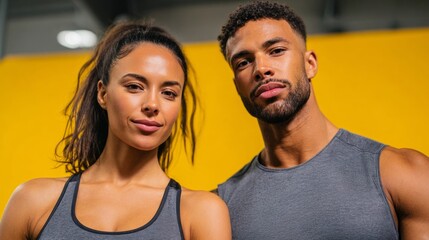 Fototapeta premium Man and woman standing together with gym attire.