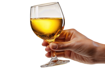 Wine glass with extended stem and bright golden liquid, raised in a right hand gesture of toast, isolated on transparent background.
