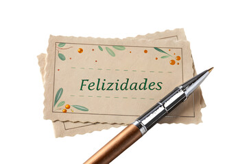 Vintage card with " Felizidades" and a pen paper PNG Transparent background