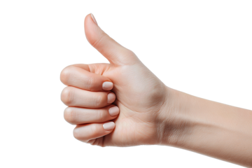 A fair-skinned hand giving a thumbs-up gesture, with curved fingers and satin nails, isolated on transparent background.
